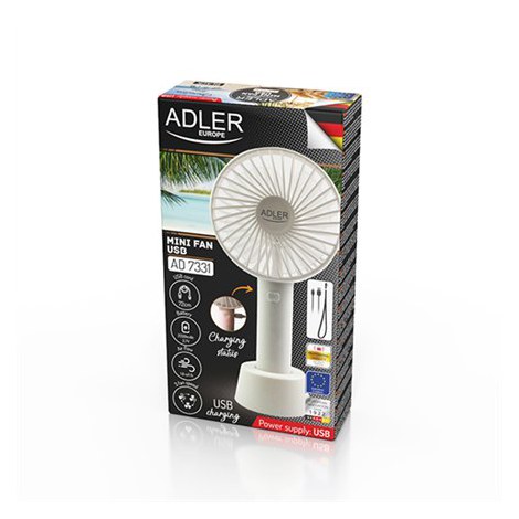 Adler | Fan | AD 7331w | Portable Mini Fan USB | White | Diameter 9 cm | Number of speeds 3 | 4.5 W | No - 2